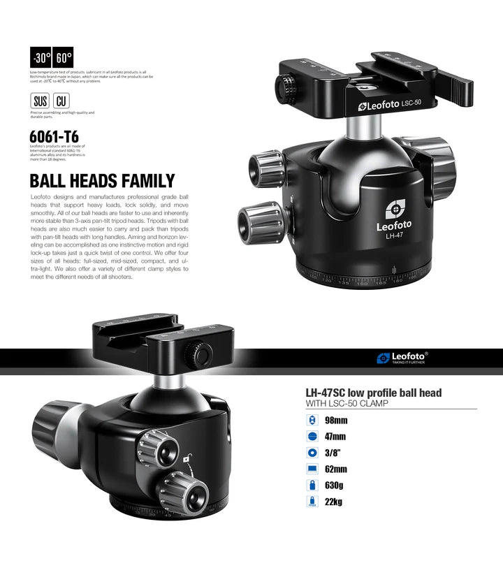 LH-47SC Low Profile Ballhead with Dual Profile Picatinny/Arca Clamp