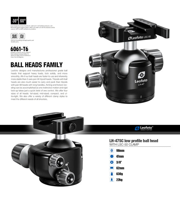 LH-47SC Low Profile Ballhead with Dual Profile Picatinny/Arca Clamp