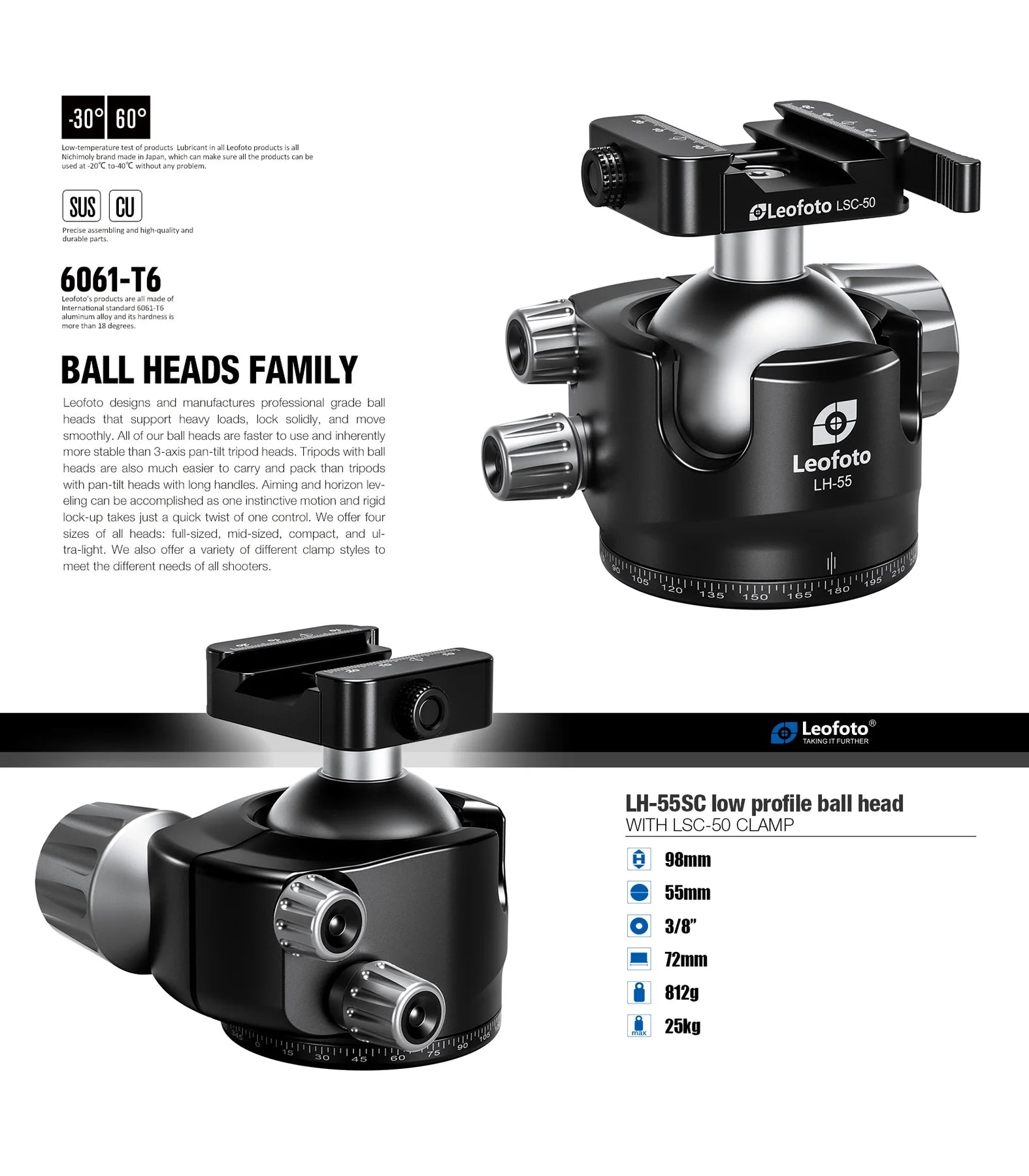 LH-55SC Low Profile Ballhead with Dual Profile Picatinny/Arca Clamp